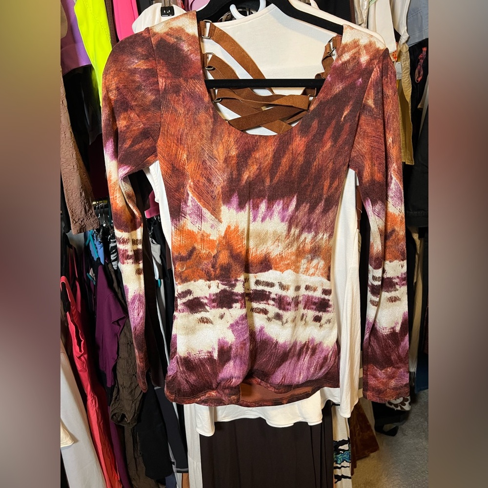 NWT small Sky Brown and Purple Tie-Dye Lace up Suede Blouse